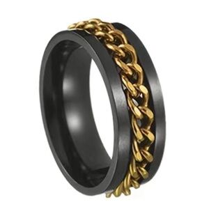 Black Stainless Steel Chain Spinner Ring | Gold Curb Link Band